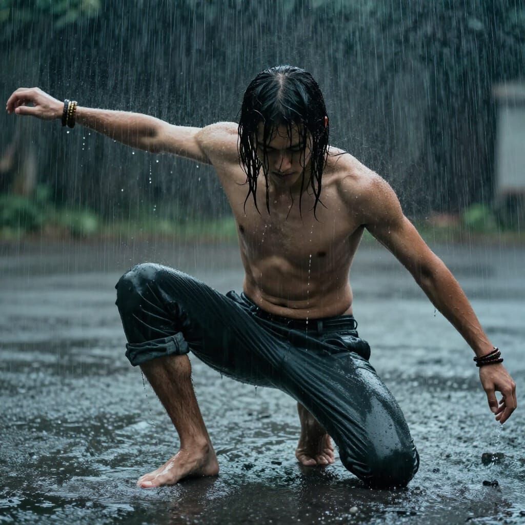 Man Crouching in Heavy Rain, Photorealistic Style