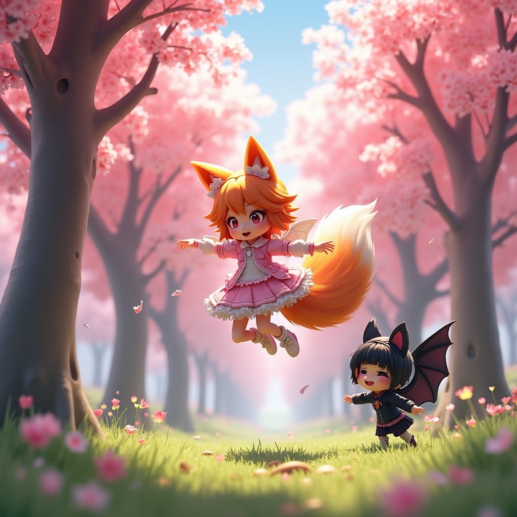 Fox Girl and Bat Girl in Anime Style Forest