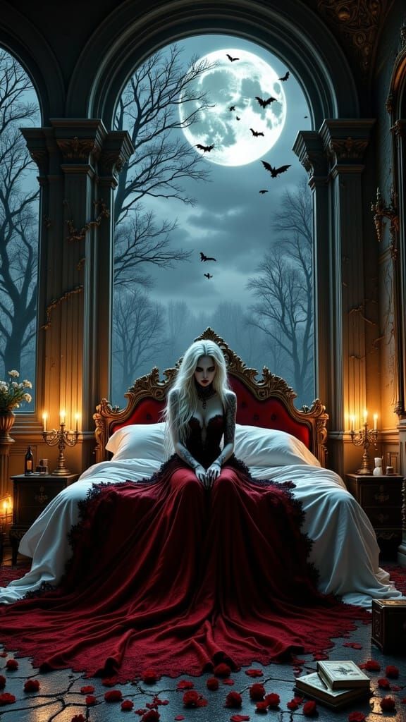 Gothic Vampire Princess in Dark Castle Bedroom