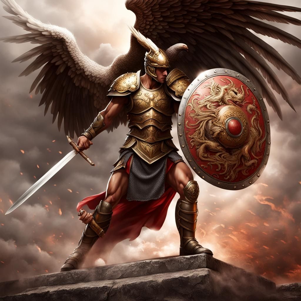 Warrior Angel Slaying Dragon in Roman Armor