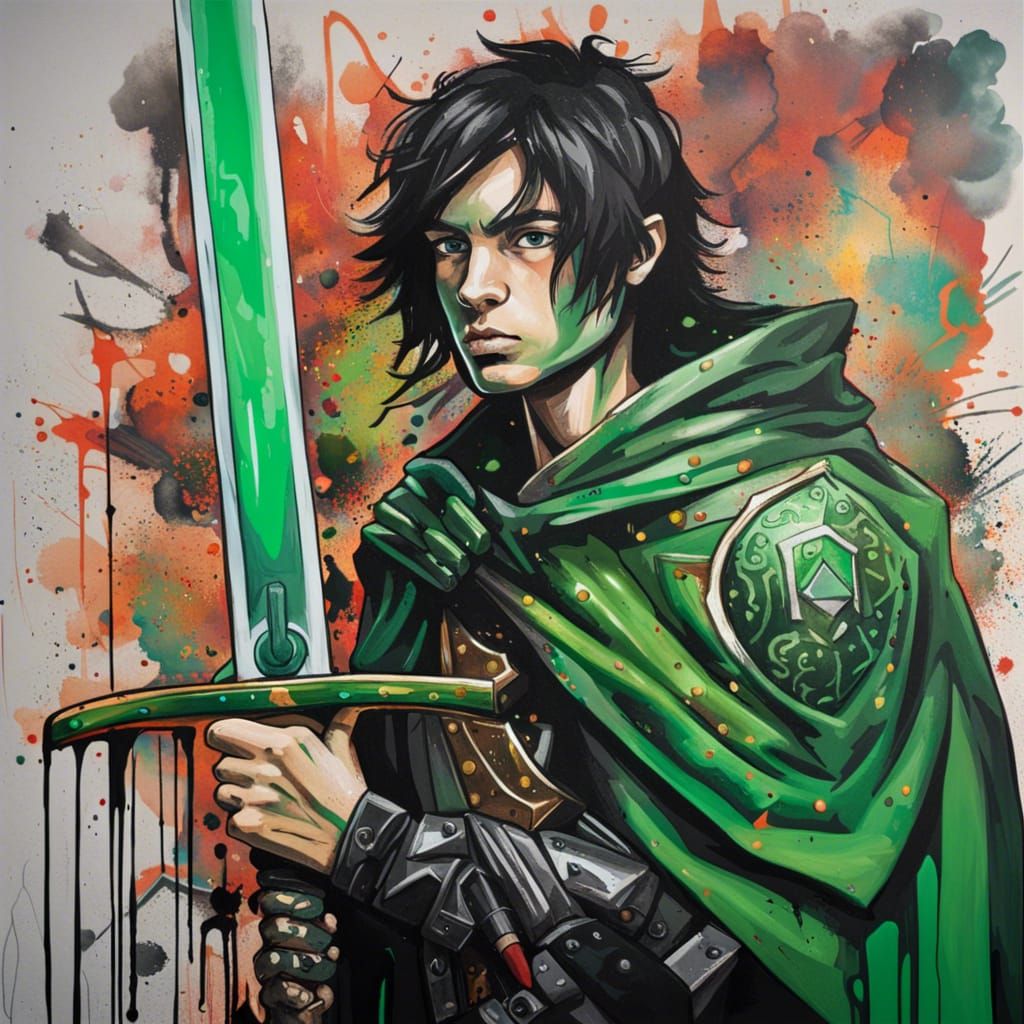 Emerald Armored Youth with Jade Sword in Graffiti Style