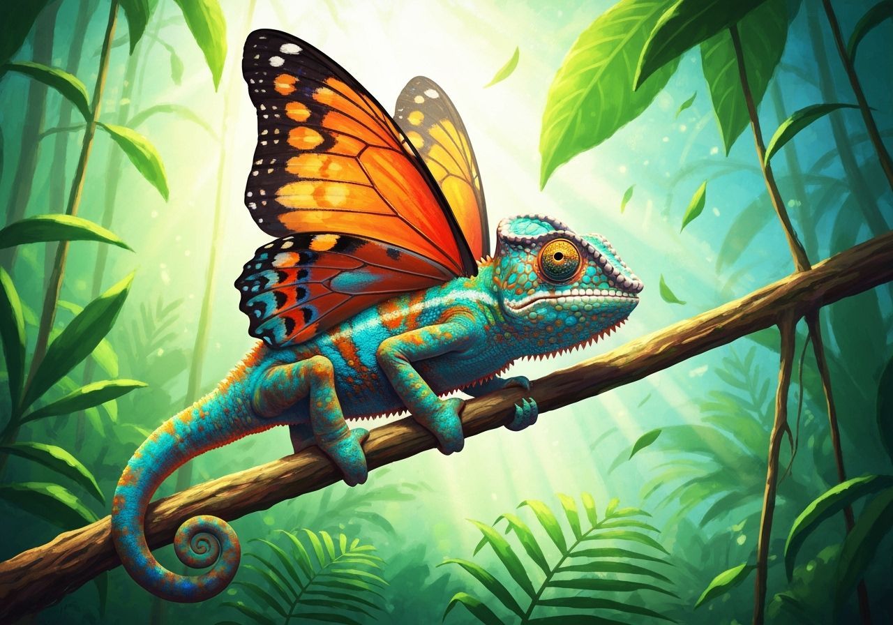 Colorful Chameleon With Butterfly Wings in Jungle