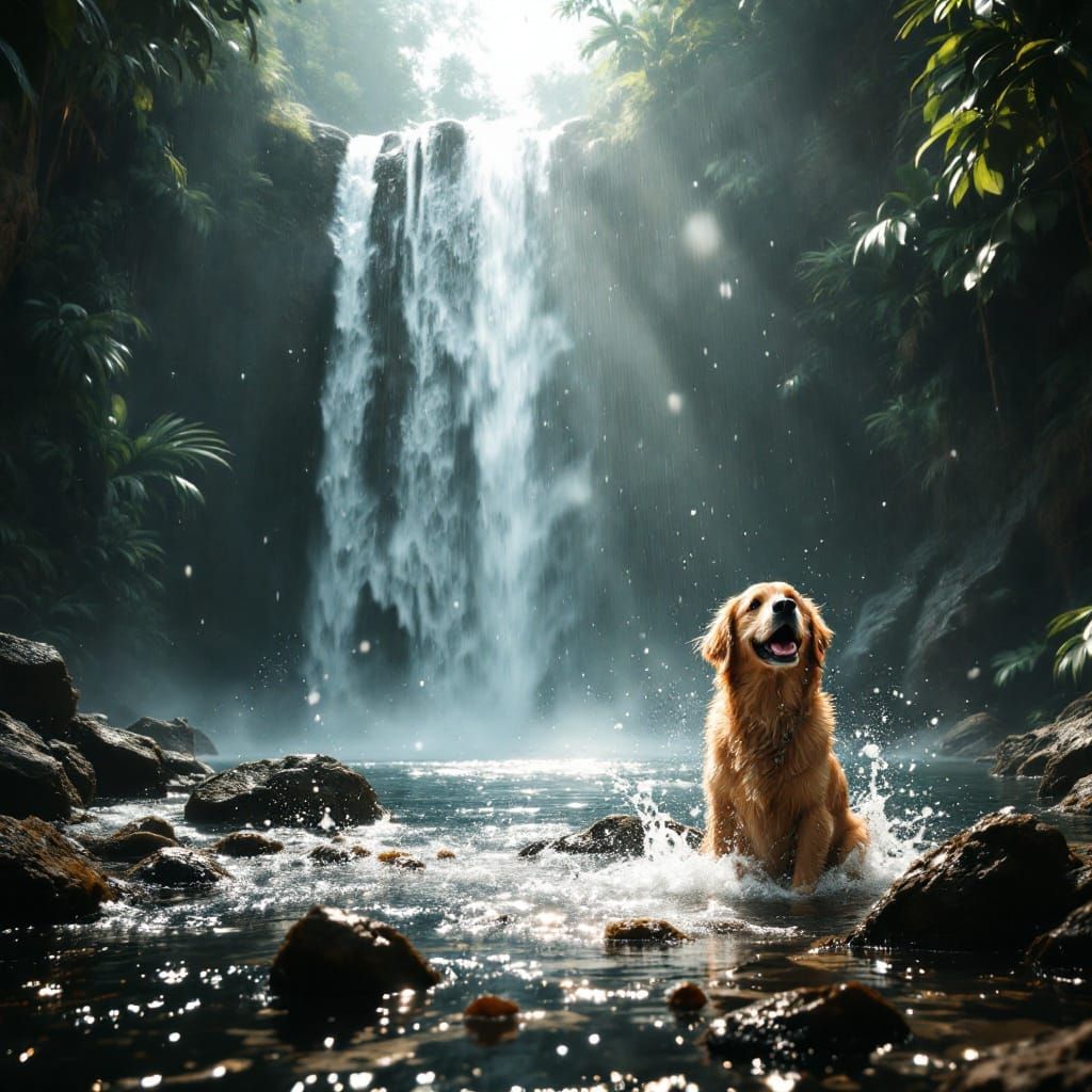 Happy Child and Loyal Dog Play in Majestic Waterfall