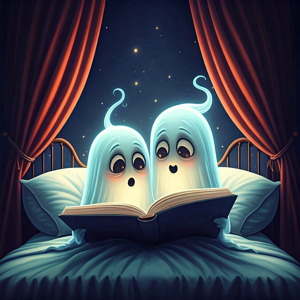 Adorable Cartoon Ghosts Reading in Bed