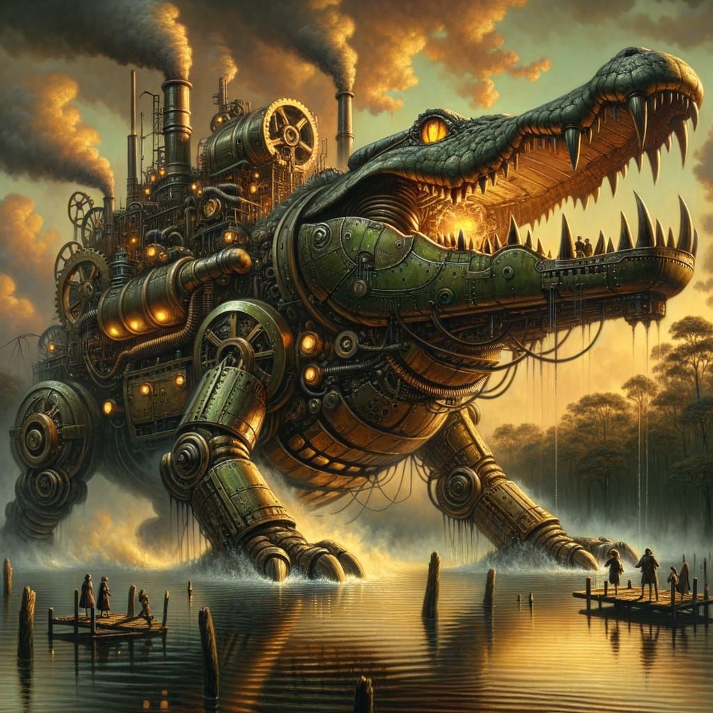 Glowing Steampunk Crocodile Emerges from Twilight Swamp in O...