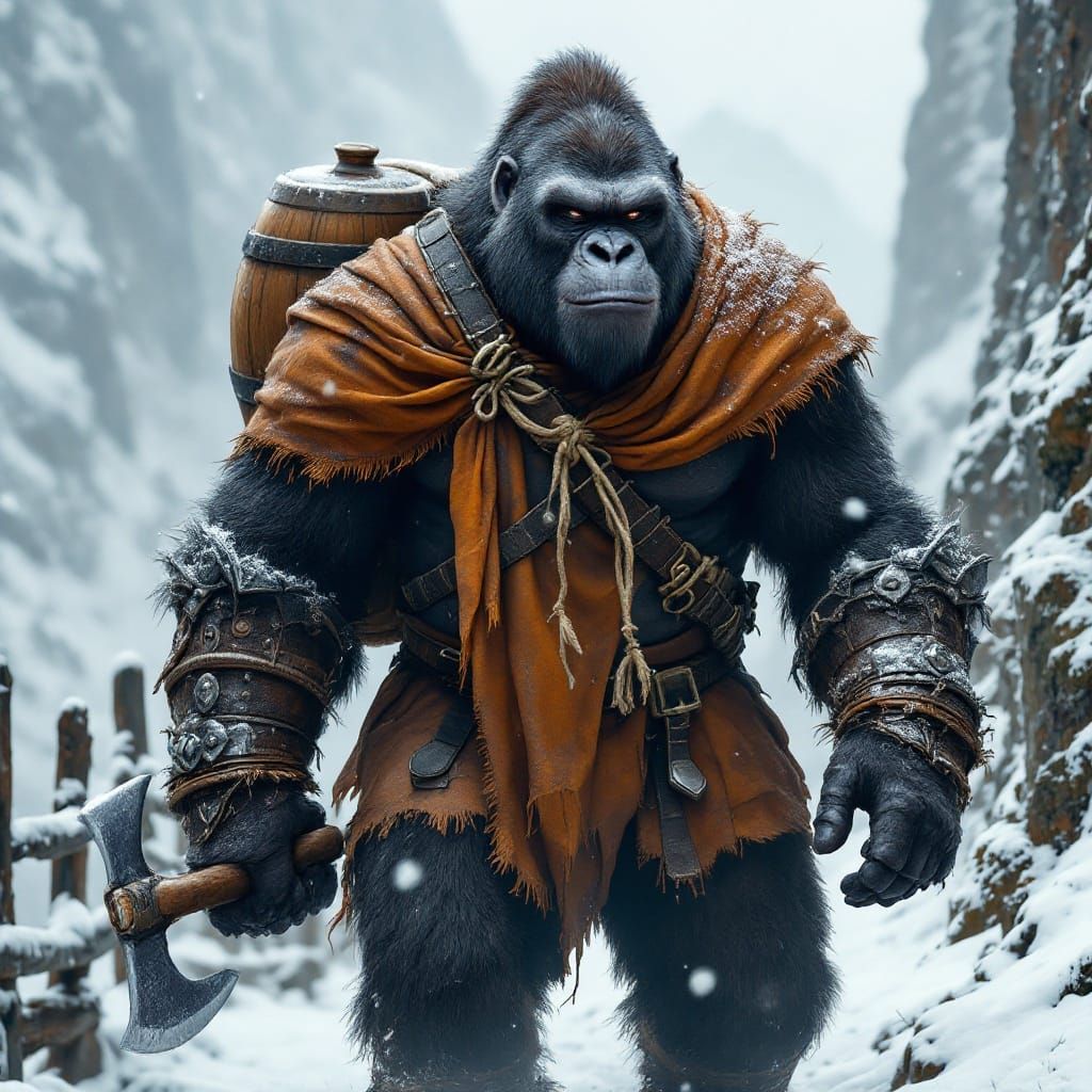 Majestic Silver-Goateed Gorilla Embarks on Snowy Mountain Qu...