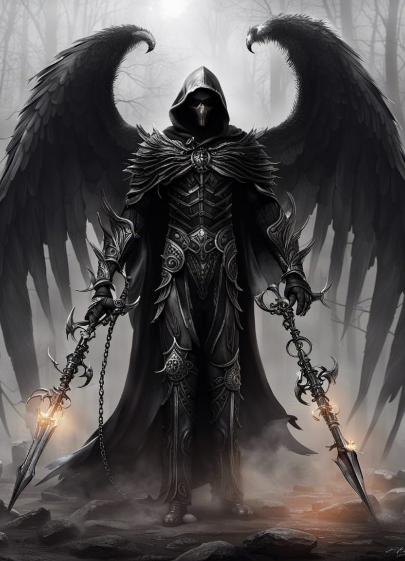 Dark Angel with Silver Mask and Skeletal Wings