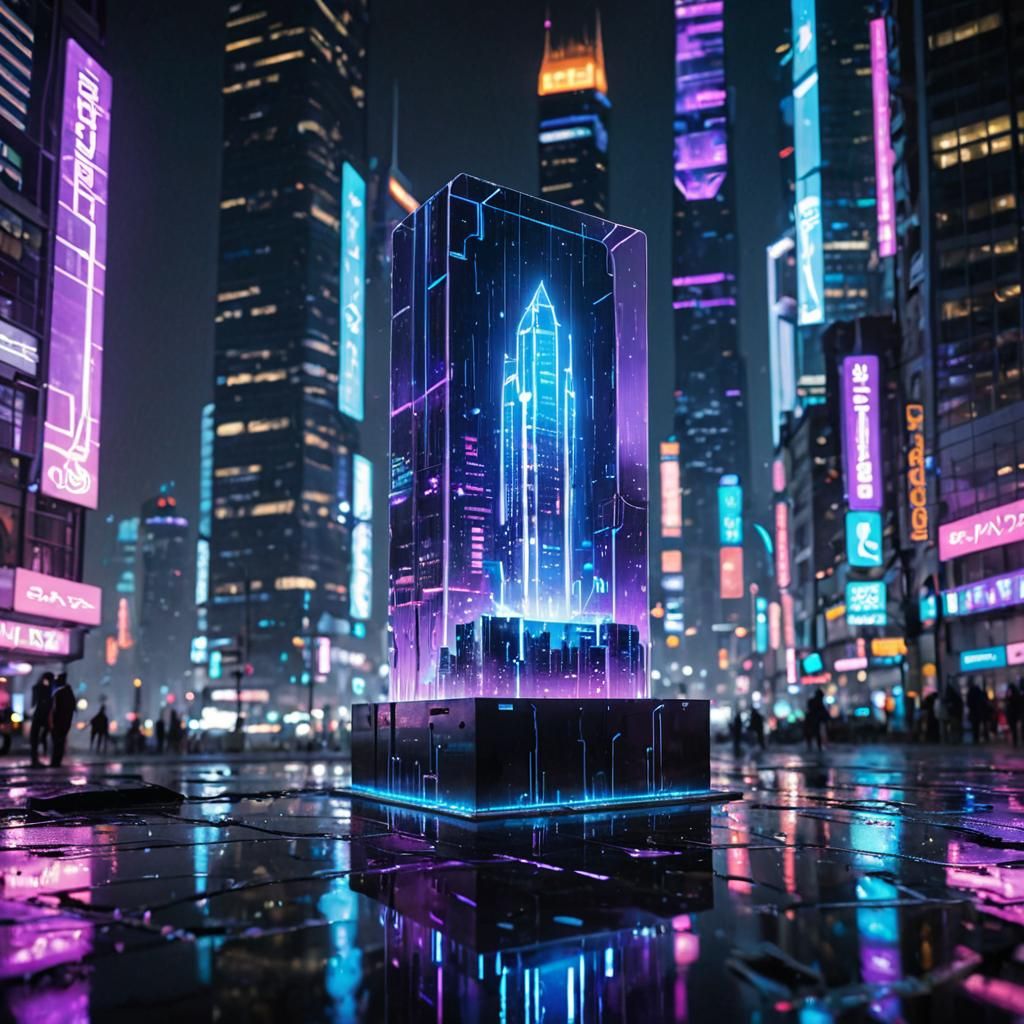 Cyberpunk Monolith Floats in Futuristic City Square