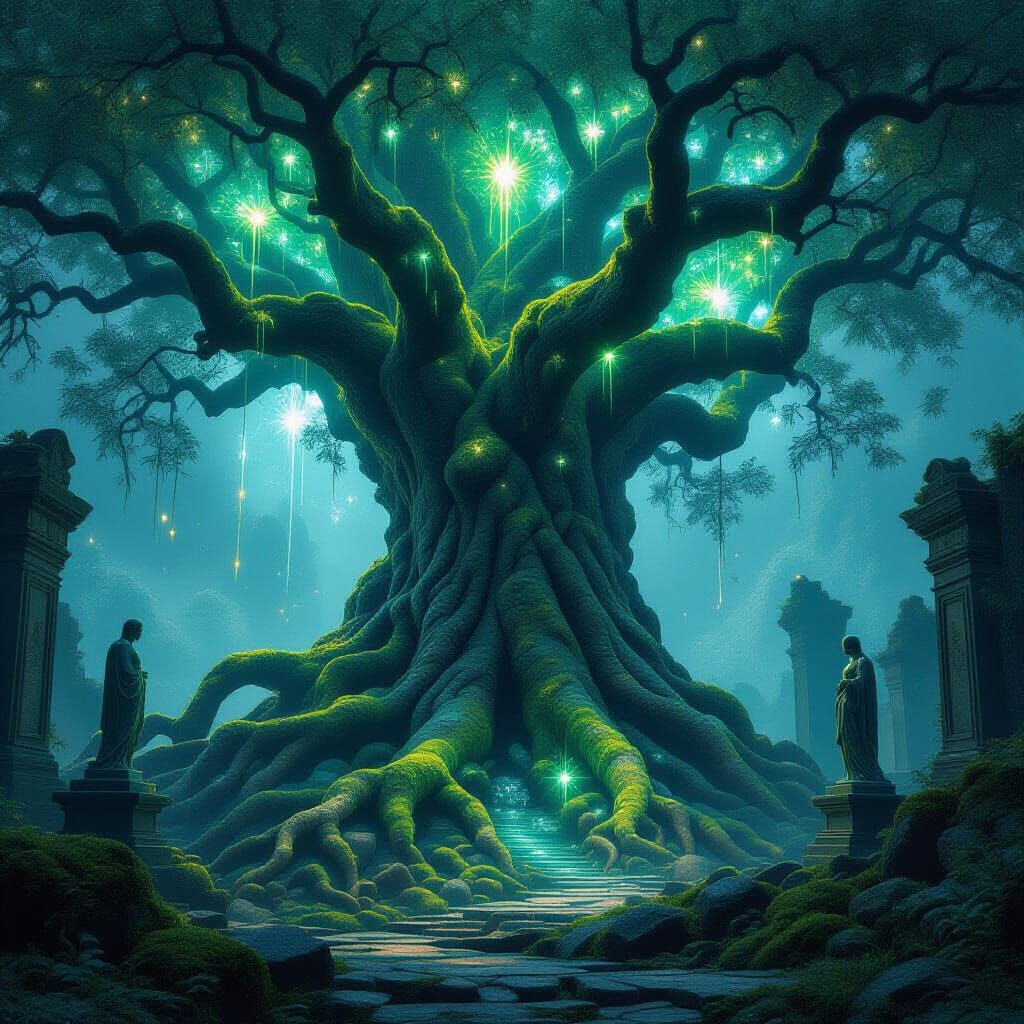 Ancient Tree with Bioluminescent Canopy and Ruins