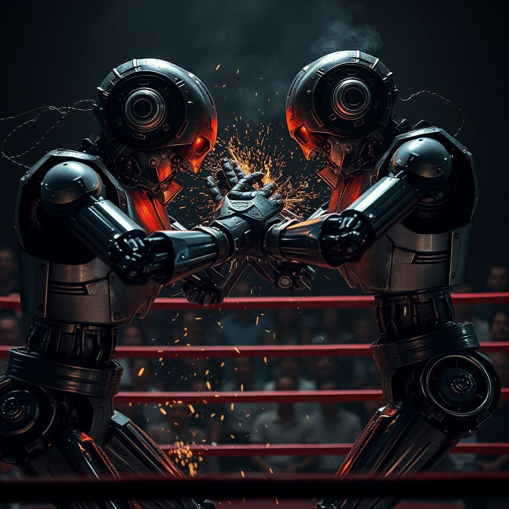 Hyperrealistic Robot Boxing Match in Dimly Lit Ring
