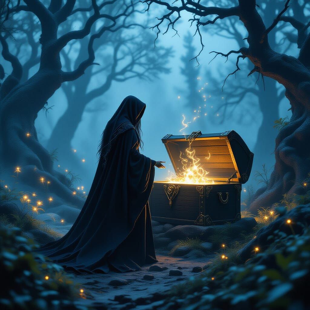 Ethereal Sorceress and Glowing Treasure Chest