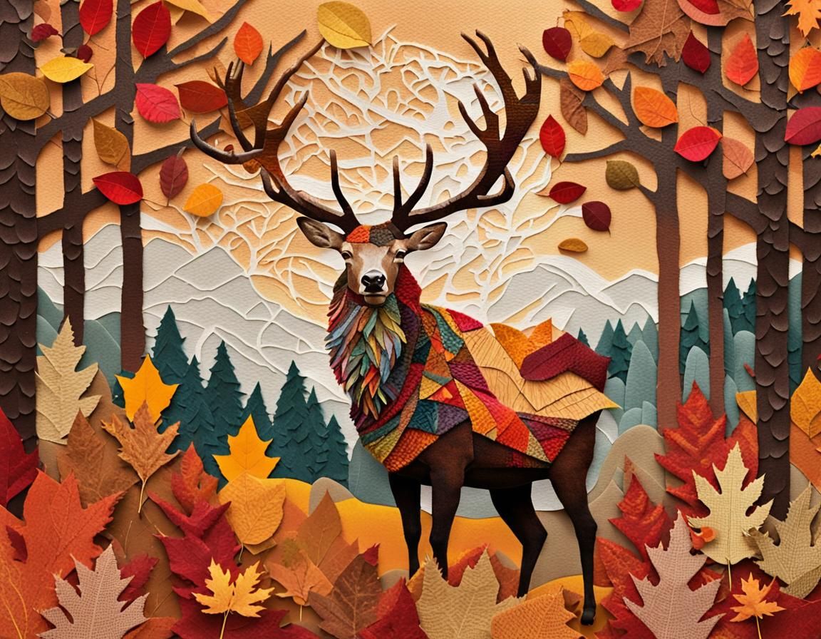 Majestic Stag in Autumn Forest Paper Collage