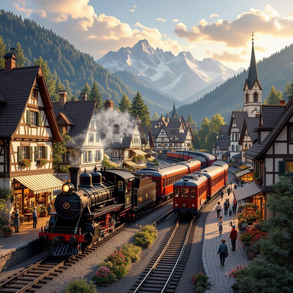 Alpine Village Model Train Layout in Golden Hour