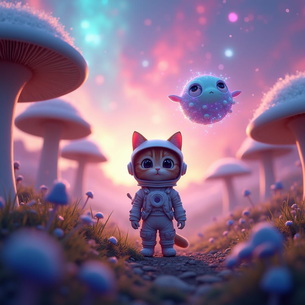 Pixar Cat Astronaut Explores Vibrant Bioluminescent Landscap...