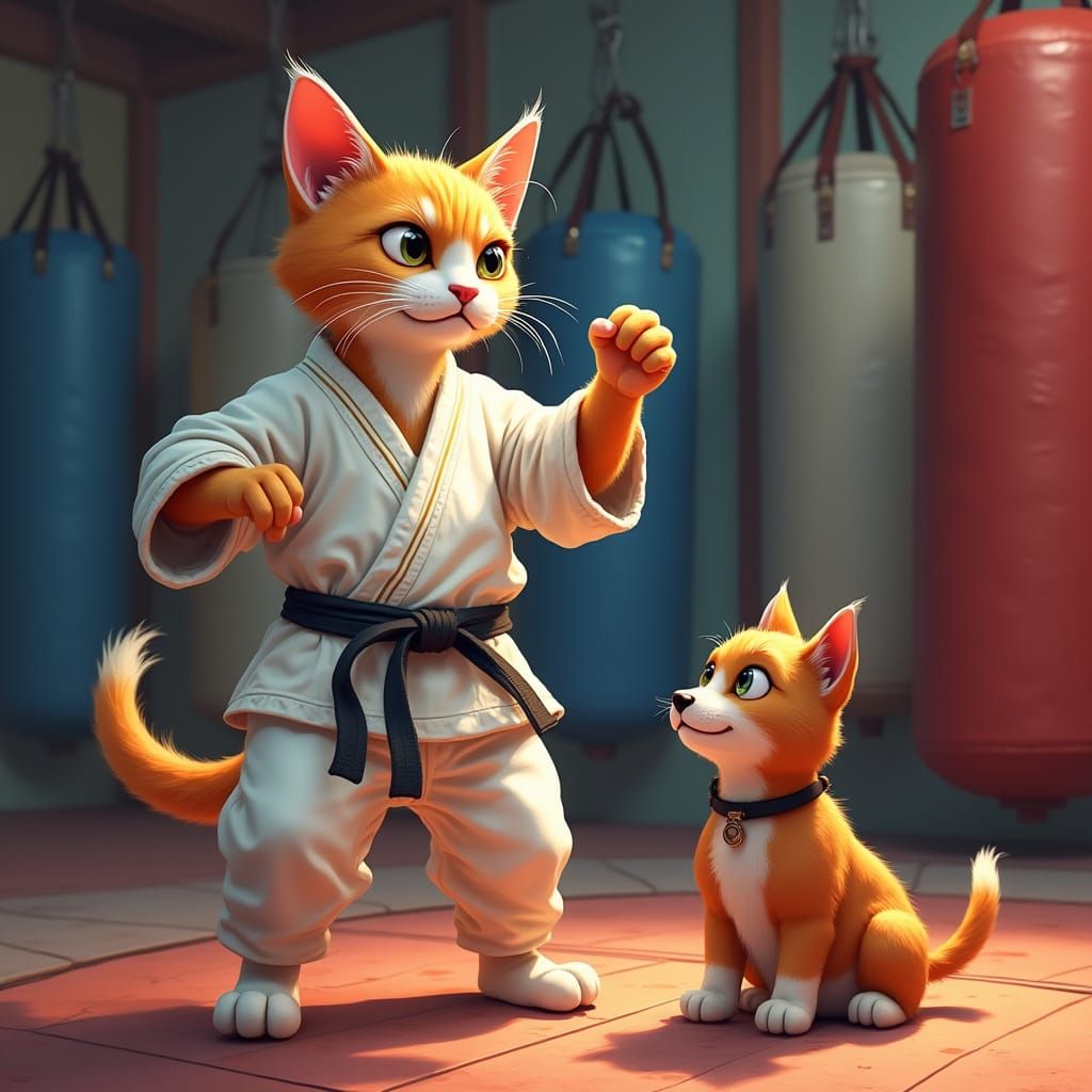 Cat in Karate Uniform Training with Dog