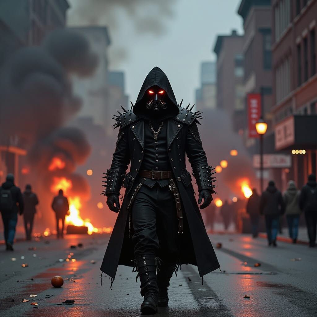 Punk Plague Doctor in Chicago Riot, Oil Painting