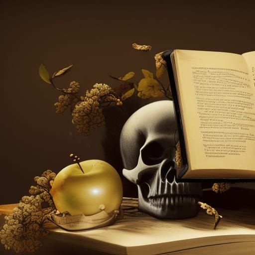 Dark Fantasy Still Life with Skull and Writing Quill