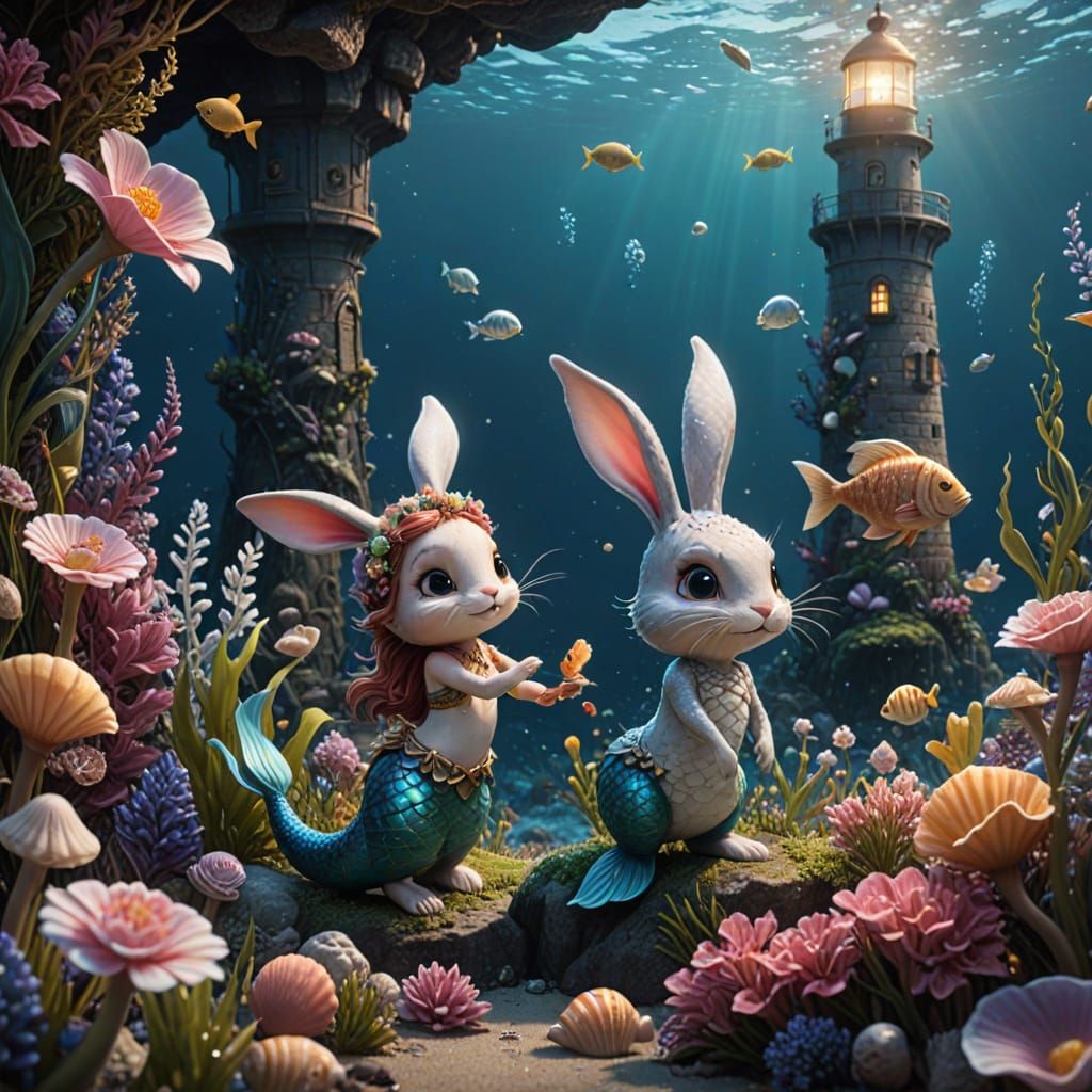 Whimsical Mermaid-Bunny Plays with Fish in a Vibrant Underwa...