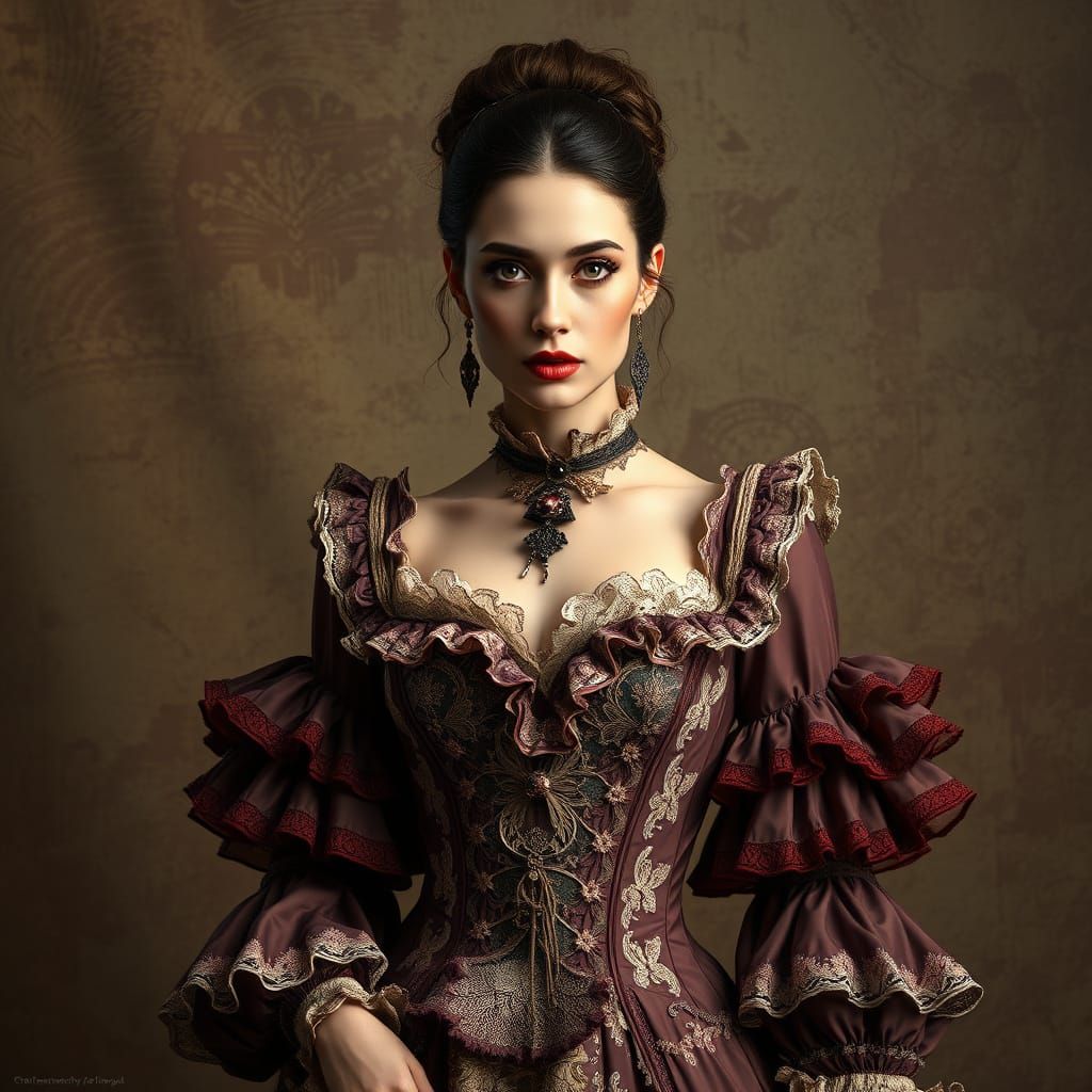 Woman in Latex Victorian Dress: Hyperrealistic Digital Art