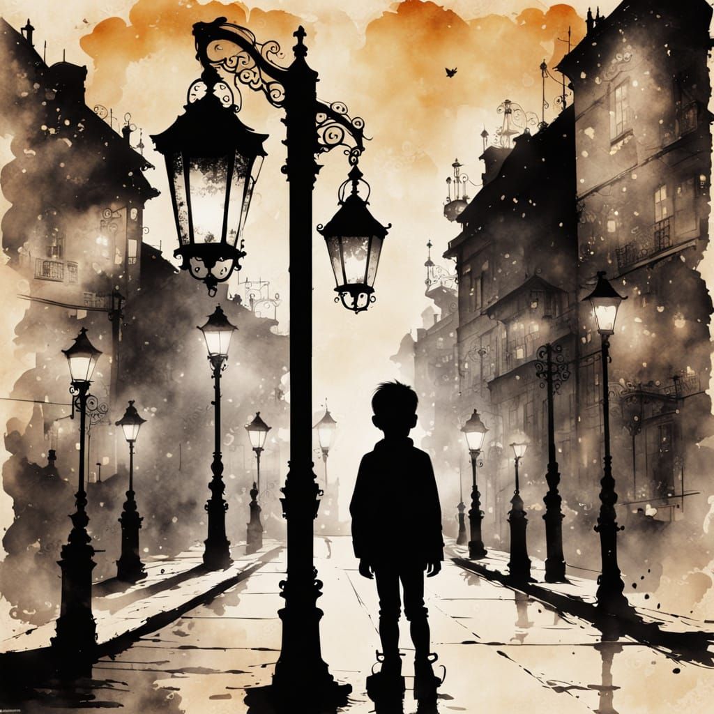 Child by Lamp Post in Steampunk Ink Painting