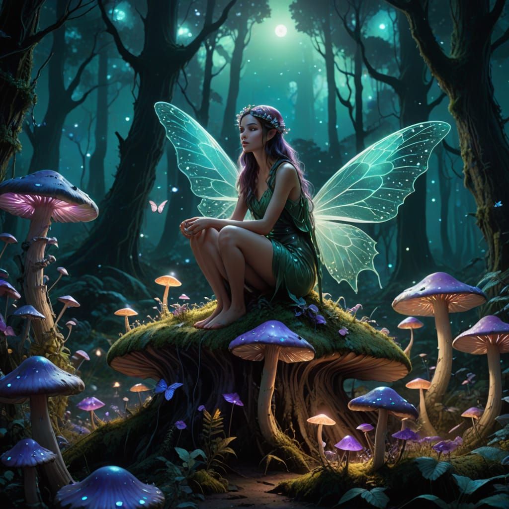 Ethereal Fairy on Mushroom in Surreal Forest