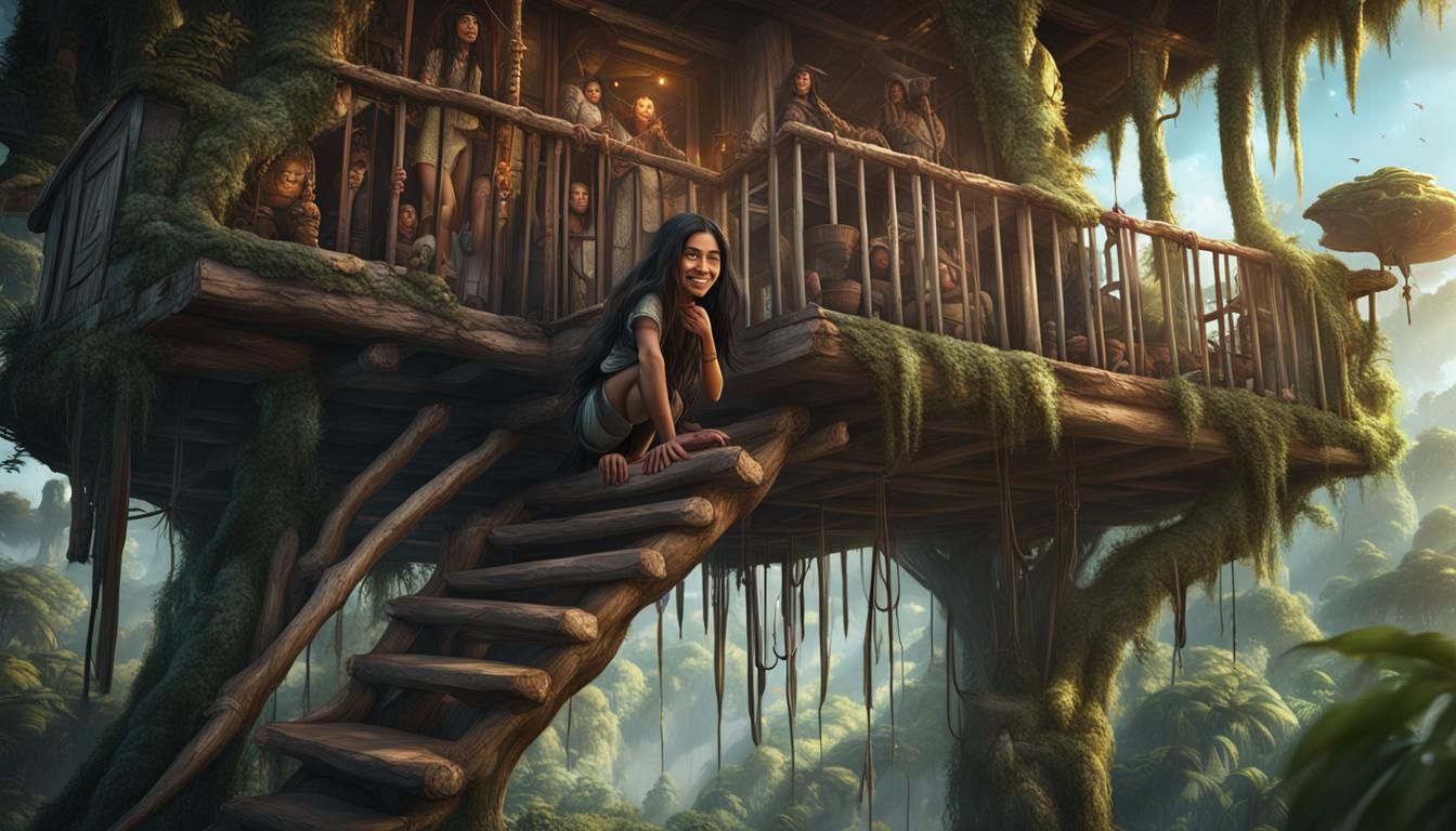 Smiling Jungle Girl in Fantastical Treehouse Art