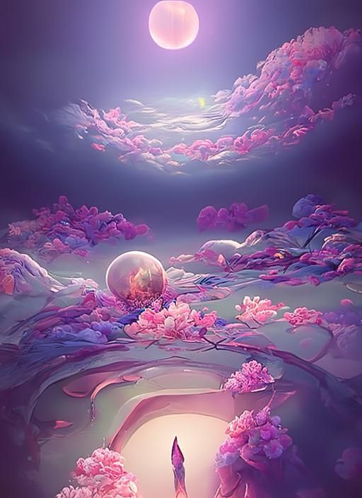 Astral Zen Garden with Cherry Blossoms, Digital Art