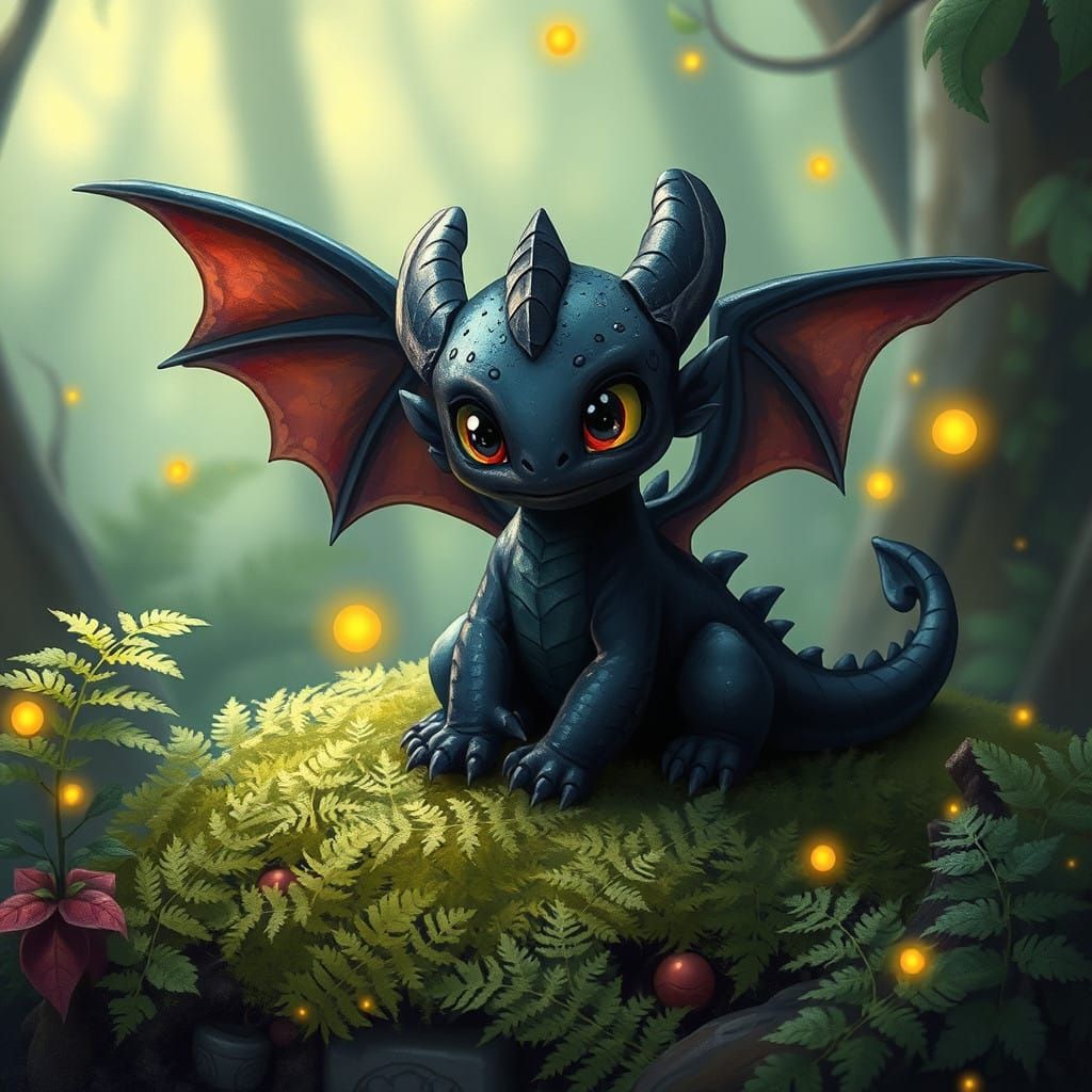 Whimsical Dragon Cub in Enchanted Forest