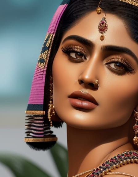 Beautiful Indian Woman in Striped Bikini, Digital Painting