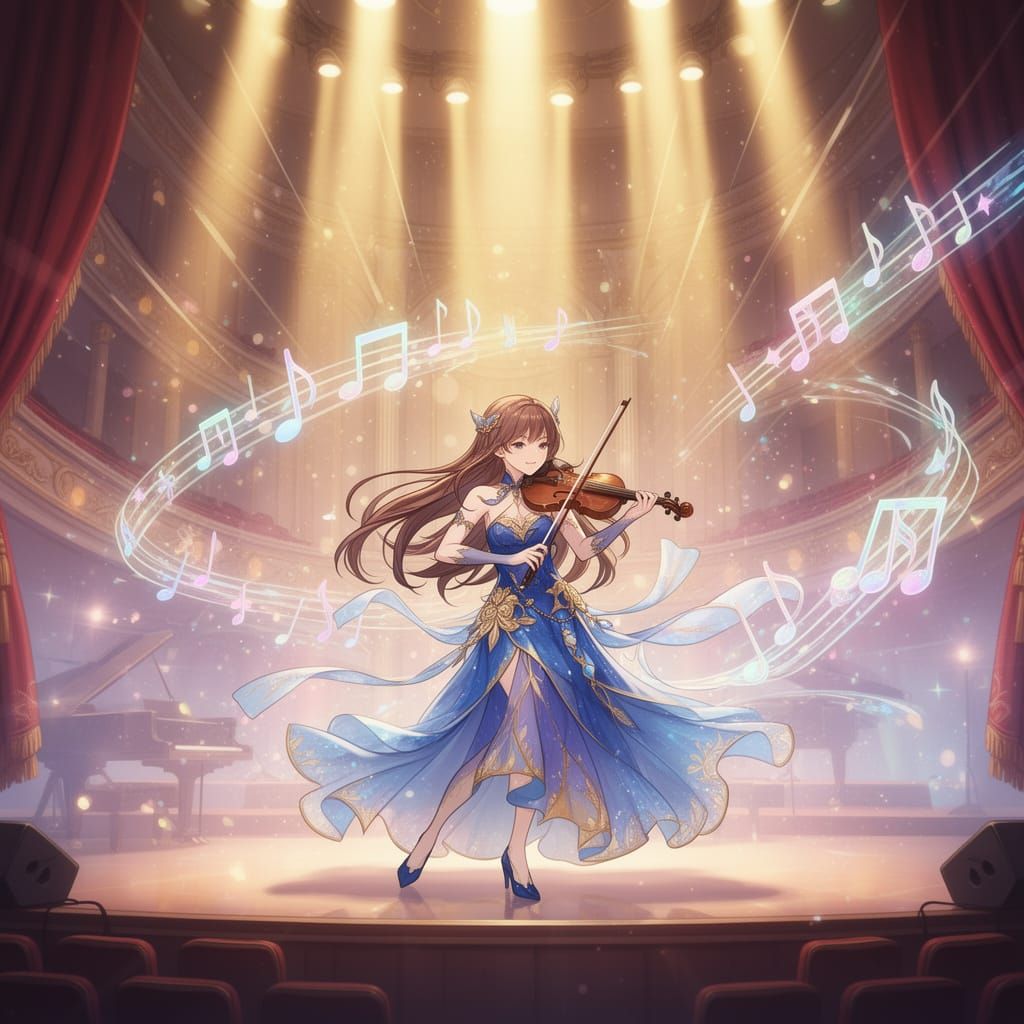 Anime Violinist Performing in Majestic Concert Hall