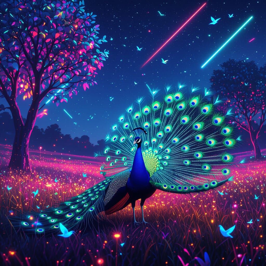 Radiant Peacock in Neon Meadow, Dreamlike Rendering