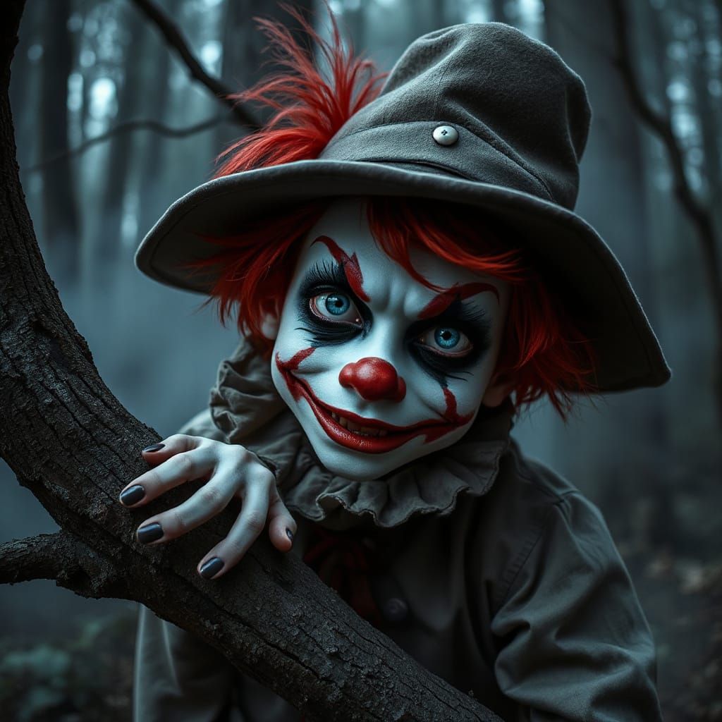 Disturbing Clown Character in Misty Forest