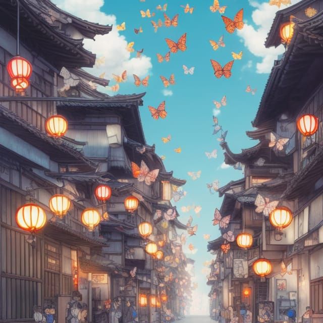 Japanese Street with Butterflies Comic Book Illustration