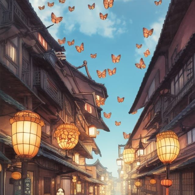 Japanese Street with Butterflies: Comic Book Illustration