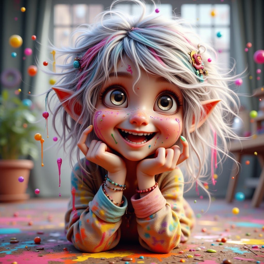 Joyful Elf Laughing Amidst Vibrant Paint Splashes