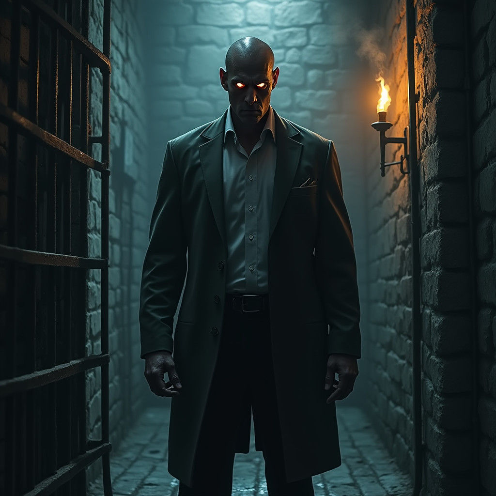 Angry Man in Prison Cell, Grim Dark Fantasy Art