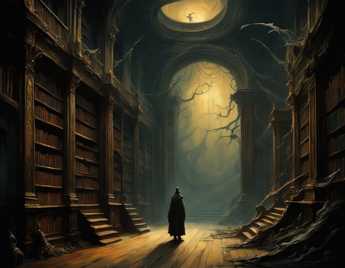 Surreal Library of Shadows and Golden Light