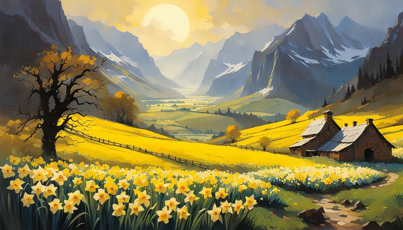 Enchanted Valley with Daffodil Meadows Watercolor