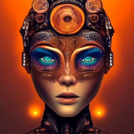 Copper Robot Enchantress Portrait in Oil Painting Style