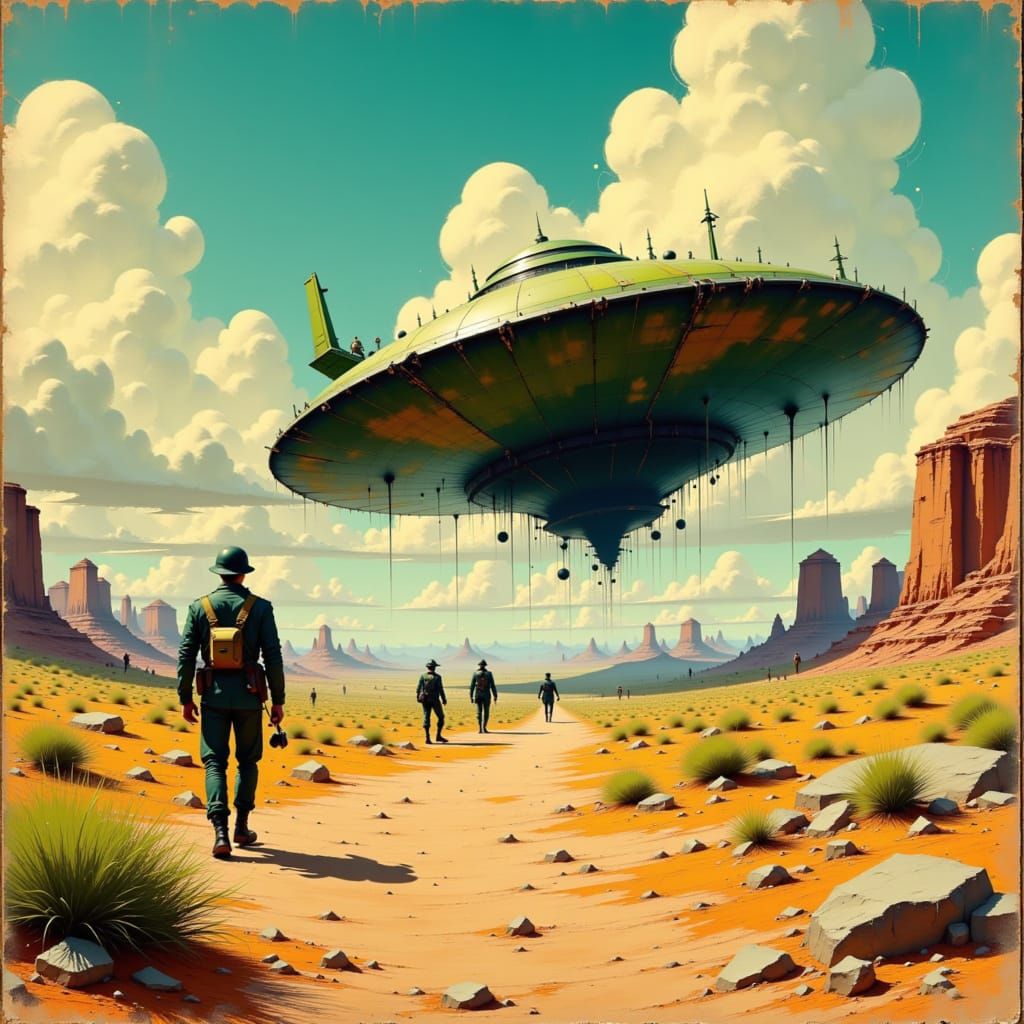 Crashed Saucer at Military Base in Retro-Futuristic Style