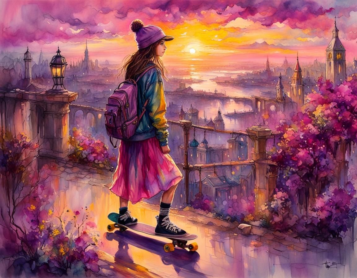 Tween Skateboard World at Sunset: Aetherpunk Watercolor