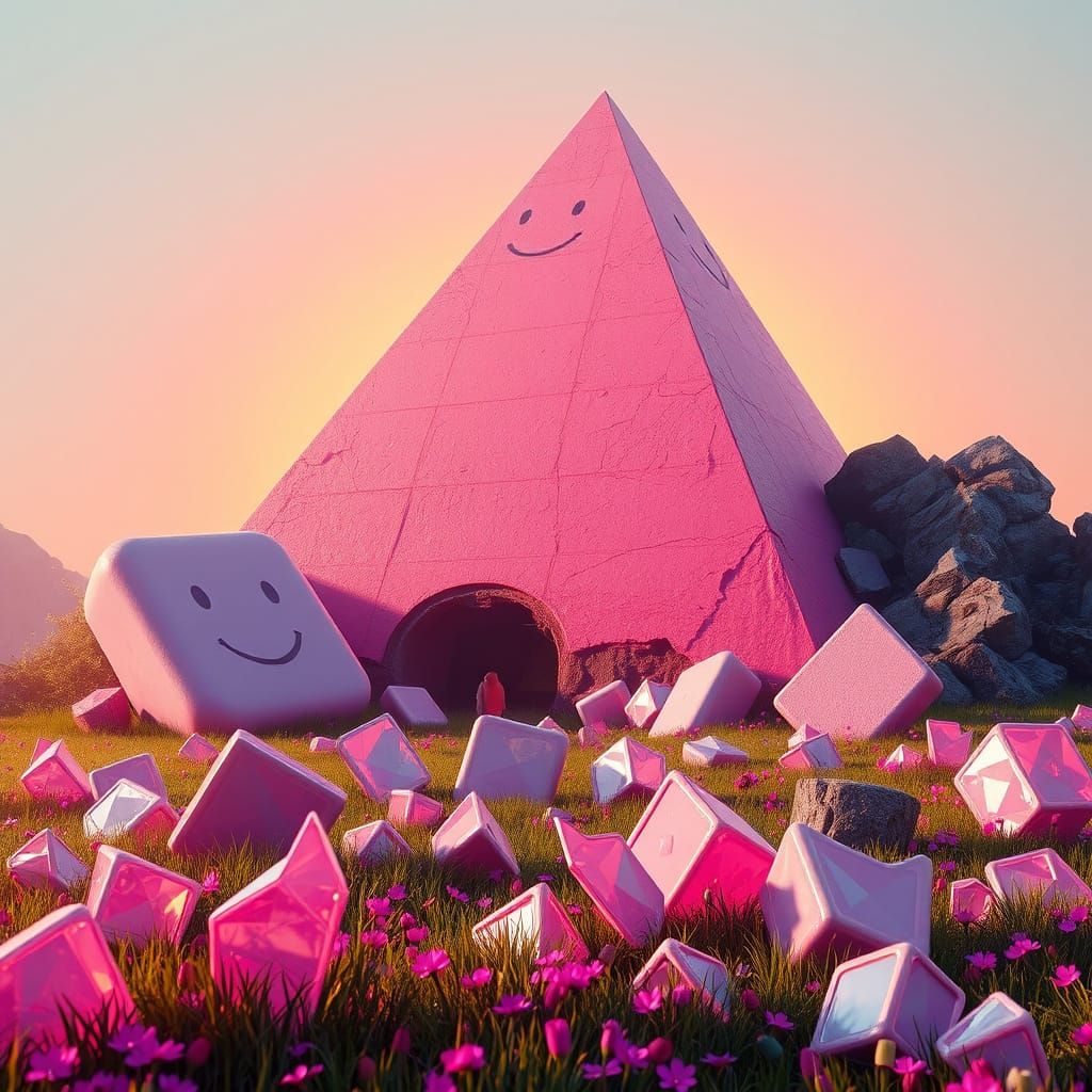 Pink Pyramid's Crumbling Smile in a Plastic Meadow