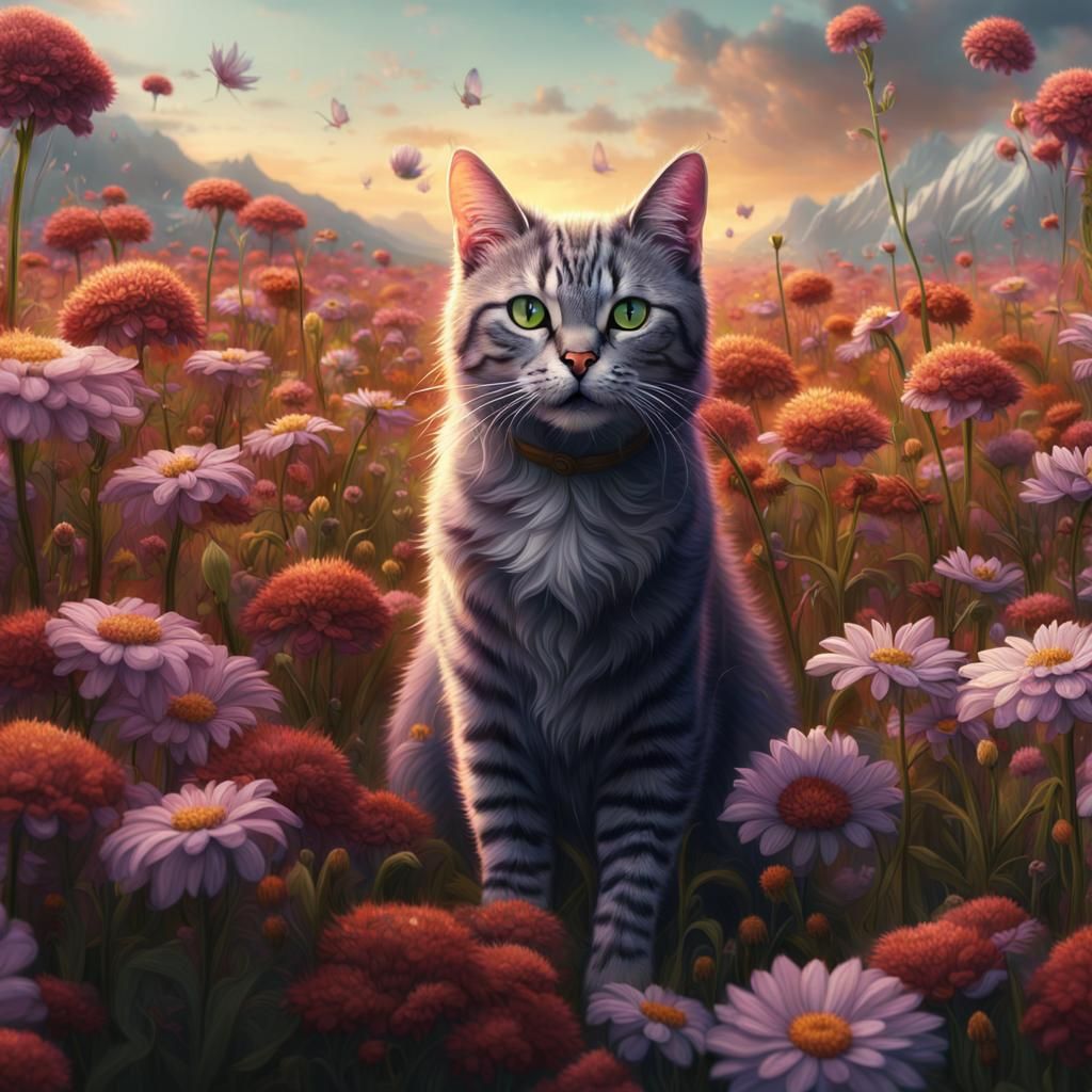 Six-Legged Cat in a Fantastical Flower Field