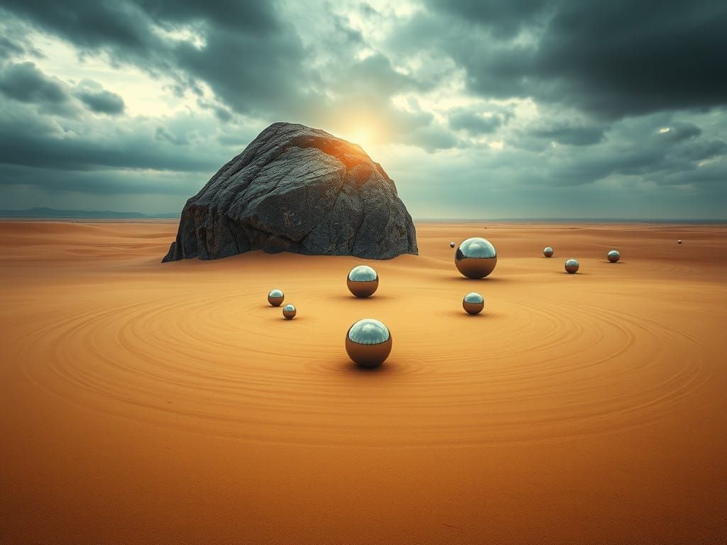 Surrealist Landscape of a Zen Sand Garden in a Dystopian Des...