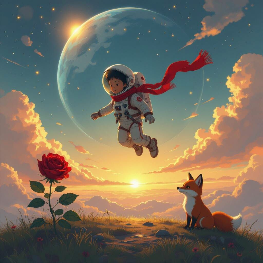 Astronaut Boy Ascends, Red Scarf Floats in Space