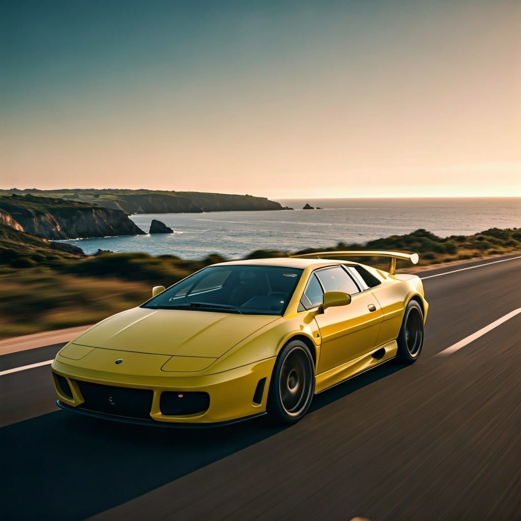 Yellow 2025 Lotus Esprit on Coastal Road
