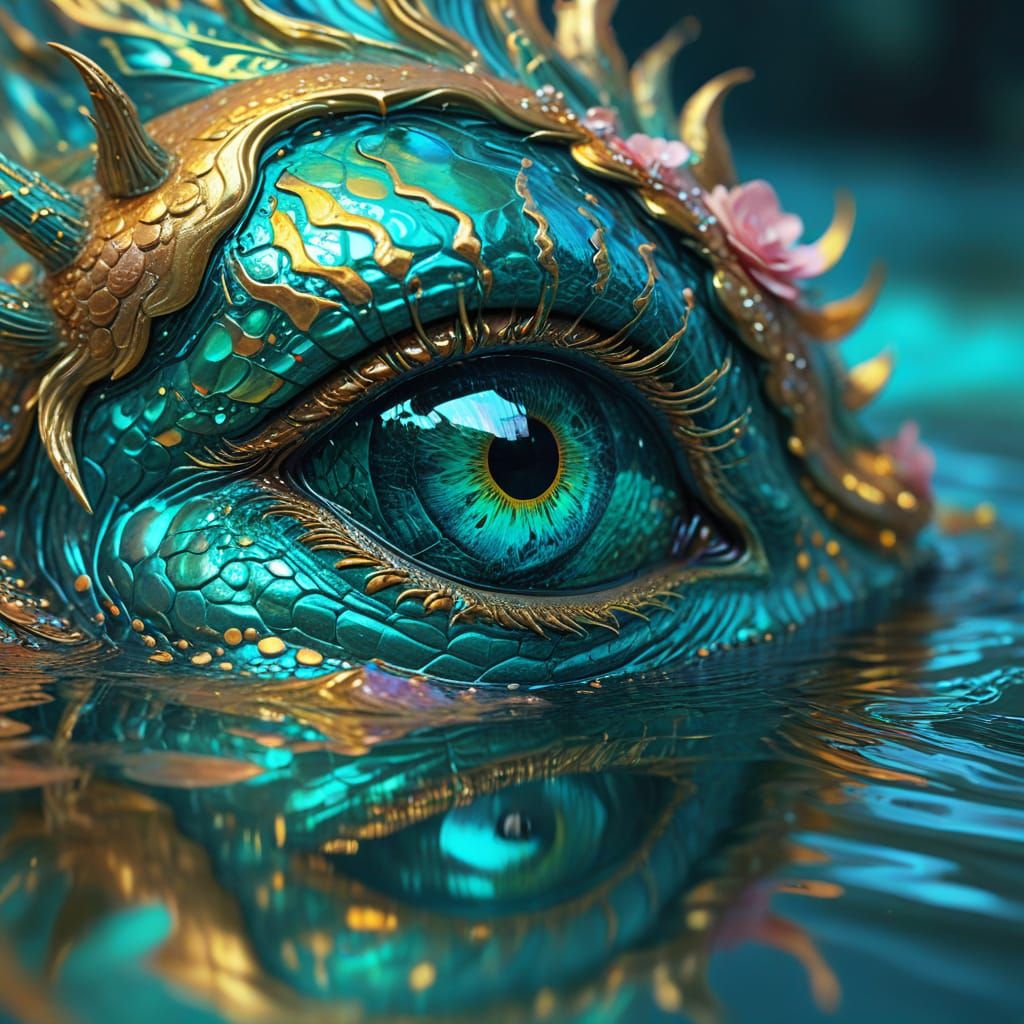 Monster in Rose-Filled Water Mirror: Abstract Fantasy Art