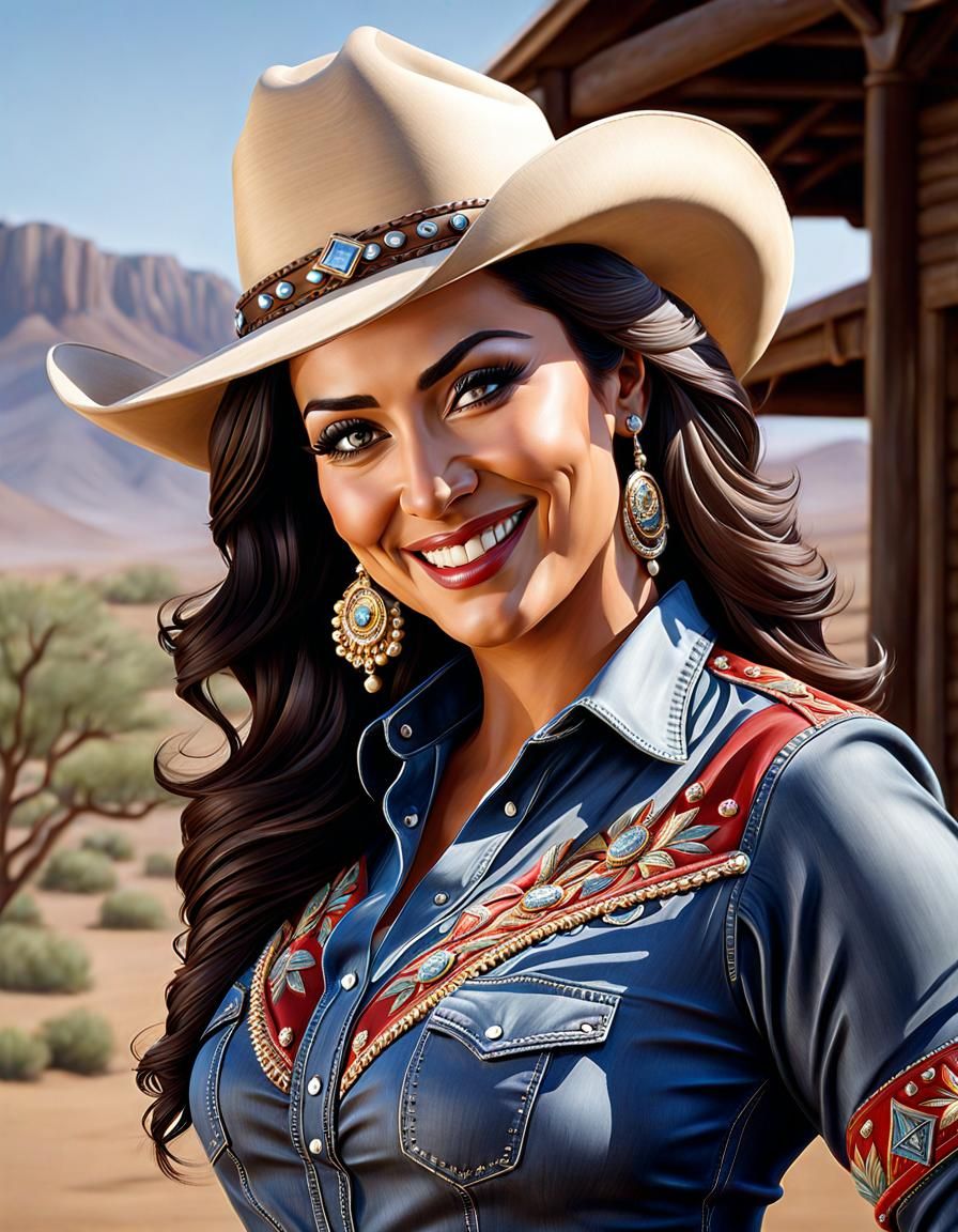 Middle Eastern Cowgirl Portrait in Photorealistic Acrylic Ar...