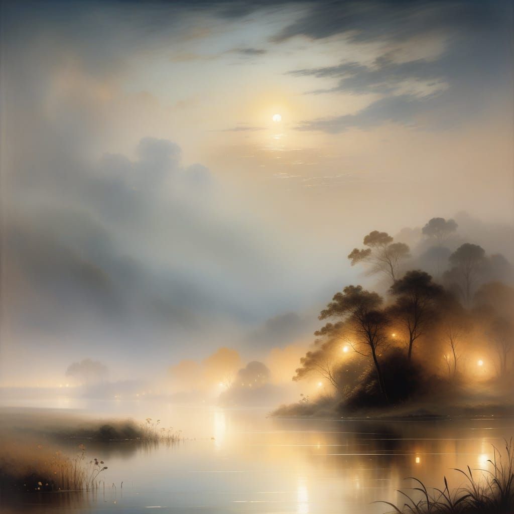 Misty Moonlit Lake in Romanticist Style