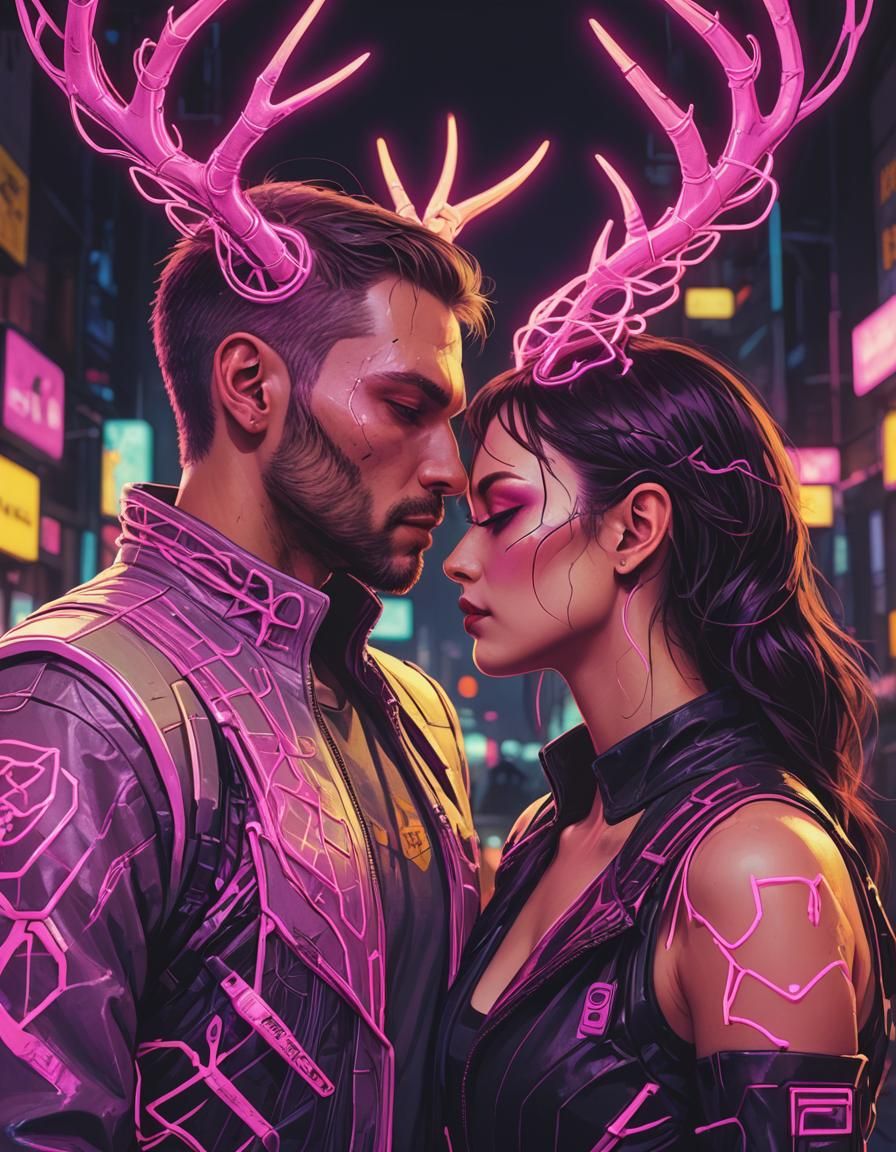 Cyberpunk Couple with Entangled Neon Antlers